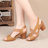 hulianfu Women Summer Sandals Platform Round Mid Heel Back Strap Peep Toe Pu Leather Beach Casual Fashion Shoes Ladies Female Whosale