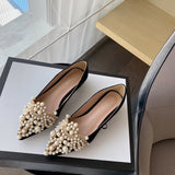 hulianfu New Crown Pearl Flats Women Wedding Shoes Pointed Toe Female Dress Moccasins Low Pearl Heel Ladies Fashion Luxury Style 43