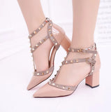 Rivet Pumps Women  New pointed patent leather rivet buckle sandals thick with heel wild thin women's shoes Party Shoes