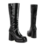 Lolita Women Boots Patent Leather Square Toe Thick Heel Ladies Knee-length High Boots White Black Red Autumn Winter Women Shoes