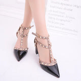 Rivet Pumps Women  New pointed patent leather rivet buckle sandals thick with heel wild thin women's shoes Party Shoes