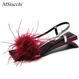 Summer Women Sandals A Word Type Strap Strange Heel True Feather Sandals Ornaments Alien Heel Ladies Party Shoes Woman