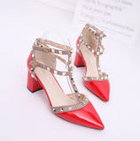 Rivet Pumps Women  New pointed patent leather rivet buckle sandals thick with heel wild thin women's shoes Party Shoes