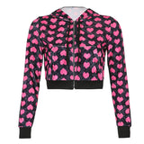 HEYounGIRL Velvet Heart Print Cropped Top Bomber Jacket Women Autumn Cute Pink Long Sleeve Coats Zipper Winter 90s Overcoat