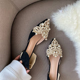 hulianfu New Crown Pearl Flats Women Wedding Shoes Pointed Toe Female Dress Moccasins Low Pearl Heel Ladies Fashion Luxury Style 43