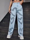 hulianfu Fashion Trousers Medium Wash High Waist Heart Print Wide Leg Jeans