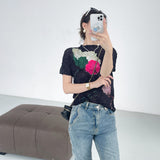 summer new design three-dimensional oil painting high elastic comfortable T-shirt femininity elegant versatile and thin top
