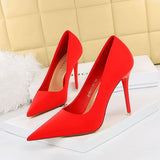 2025 18249-A2 Korean version Spring and autumn fashion simple thin heel high heel light mouth pointed satin high heels women's shoes single shoes