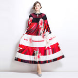 women's clothing elegant dress women's fashion beaded round neck hollow pleated lantern sleeve waist printed long dress