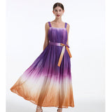 Real shot rainbow gradual change with belt short sleeves slim fit loose pleated suspender high waist big swing dress