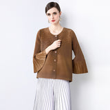 Pleated short jacket loose large size women's clothing 2025 spring and summer elastic bead horn sleeve fat mother clothing