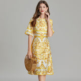 Real shot,  printing positioning round neck slim-fitting high-waisted dress, slim-fitting medium-sleeved A-shaped skirt is fashionable