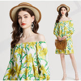 Real shot floral print sexy elastic one-word shoulder long sleeve elastic cuff short sleeve streamer loose dress