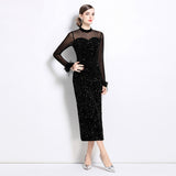 Temperament Celebrity Women's Dress  Sexy Perspective Mesh Cuffs Fluffy Splicing Sequins Velvet Dress