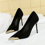 2025 3739-32  style banquet women's shoes high heels thin heel suede light mouth metal pointed head iron head thin single shoes