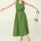 2025 25 spring and summer handmade rose U-neck casual lazy long dress minimalist loose and thin A version vest linen dress women