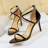2025 126-7  fashion banquet women's shoes super high heel thin heel open toe patent leather cross belt sexy nightclub sandals