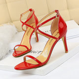 2025 126-7  fashion banquet women's shoes super high heel thin heel open toe patent leather cross belt sexy nightclub sandals