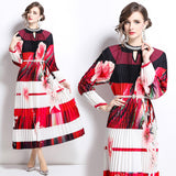 women's clothing elegant dress women's fashion beaded round neck hollow pleated lantern sleeve waist printed long dress