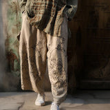 Shan Qian Nianyi, enjoy life slowly, hand-rubbed cotton and linen casual pants, literary and retro old printed wide-leg pants