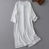 Retro handmade buckle round neck pair of placket long sunscreen loose cardigan side split early autumn cotton and linen trench coat dress