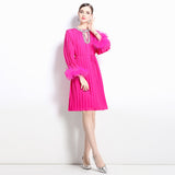 style women's clothing new dress popular autumn high-end sense diamond-encrusted hollow round neck fluffy sleeve pleated long dress