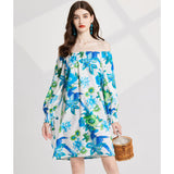 Real shot, floral print, sexy elastic one-word shoulder, long-sleeved elastic cuffs with streamer loose dress