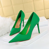 2025 18249-2 Korean version of fashionable pedicure, delicate and thin high heels, thin heels, super high heels, satin light mouth pointed single shoes