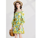 Real shot floral print sexy elastic one-word shoulder long sleeve elastic cuff short sleeve streamer loose dress
