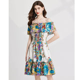 Real shot, sexy off-the-shoulder ruffle edge one-word shoulder, rubber band elastic waist, ruffle edge hem A-shaped skirt