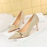 2025 9283-A1  fine heel high heel shallow mouth pointed head cloth surface plaid pattern thousand bird grid metal chain pearl single shoes