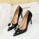 2025 18249-K91  style banquet super high heel women's single shoes patent leather metal bow splicing stiletto high heels