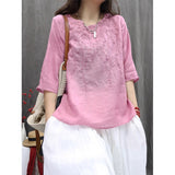 spring and summer literary and retro embroidered versatile pullover top loose large size casual medium sleeve thin shirt