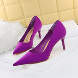 2025 18249-A2 Korean version Spring and autumn fashion simple thin heel high heel light mouth pointed satin high heels women's shoes single shoes