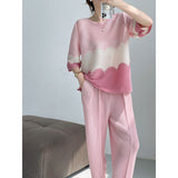 Miyake  summer new color matching bead round neck loose pleated top temperament pullover to cover the meat and look thin T-shirt