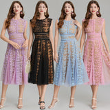 Real shot, high-end heavy industry embroidery three-dimensional mesh yarn lace splicing mesh yarn waist hollow and thin dress