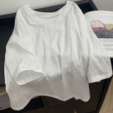 The relaxation of cotton and linen, the round neck seven-quarter sleeve shirt for women's  spring and summer new Korean version of solid color simple temperament top