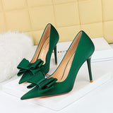 2025 3265-H2 Korean version fashion slim high heels stiletto satin light mouth pointed bow single shoes high heels women's shoes