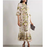 Retro colorful flower positioning printing, horn sleeve vacation style, high-end temperament ruffle edge dress