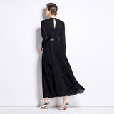 Premium temperament black dress women's belt lace long dress round neck pleated skirt dress dress long sleeve skirt spring