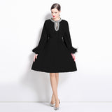 style women's clothing new dress popular autumn high-end sense diamond-encrusted hollow round neck fluffy sleeve pleated long dress