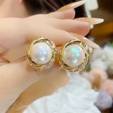 Temperament High-class sense Diamond-encrusted pearl pure silver needle earrings  new trendy light luxury versatile ear buckle atmospheric earrings