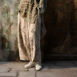 Shan Qian Nianyi, enjoy life slowly, hand-rubbed cotton and linen casual pants, literary and retro old printed wide-leg pants