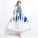 style high-end hollow bead round neck lantern sleeve strap waist temperament long printed pleated dress