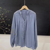 Single-row button-down tie-up elastic-sleeved shirt for women's  summer new lantern sleeves loose small bag buckle sunscreen top