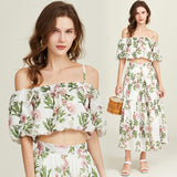 Real shot, sexy off-the-shoulder tencel cotton lotus leaf print lace medium-sleeved top + skirt two-piece set looks thin