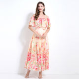 Summer new holiday style dress women's  high-end sense one-word shoulder ruffle edge waist thin floral dress
