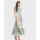 Real summer new product  positioning short sleeve high waist ruffle edge suspender hem A word dress