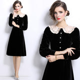 Hepburn Black Long Sleeve Velvet Dress Female Doll Collar Princess Premium Waist Autumn and Winter Small Black Dress Short Dress