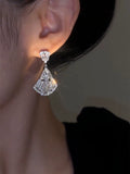 Temperament high sense zircon fan earrings versatile Popular super flash stud earrings niche design light luxury silver needle earrings women
